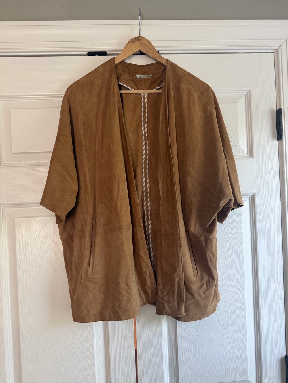Massimo Dutti Suede Short-Sleeve Open-Front Jacket - Cognac Brown